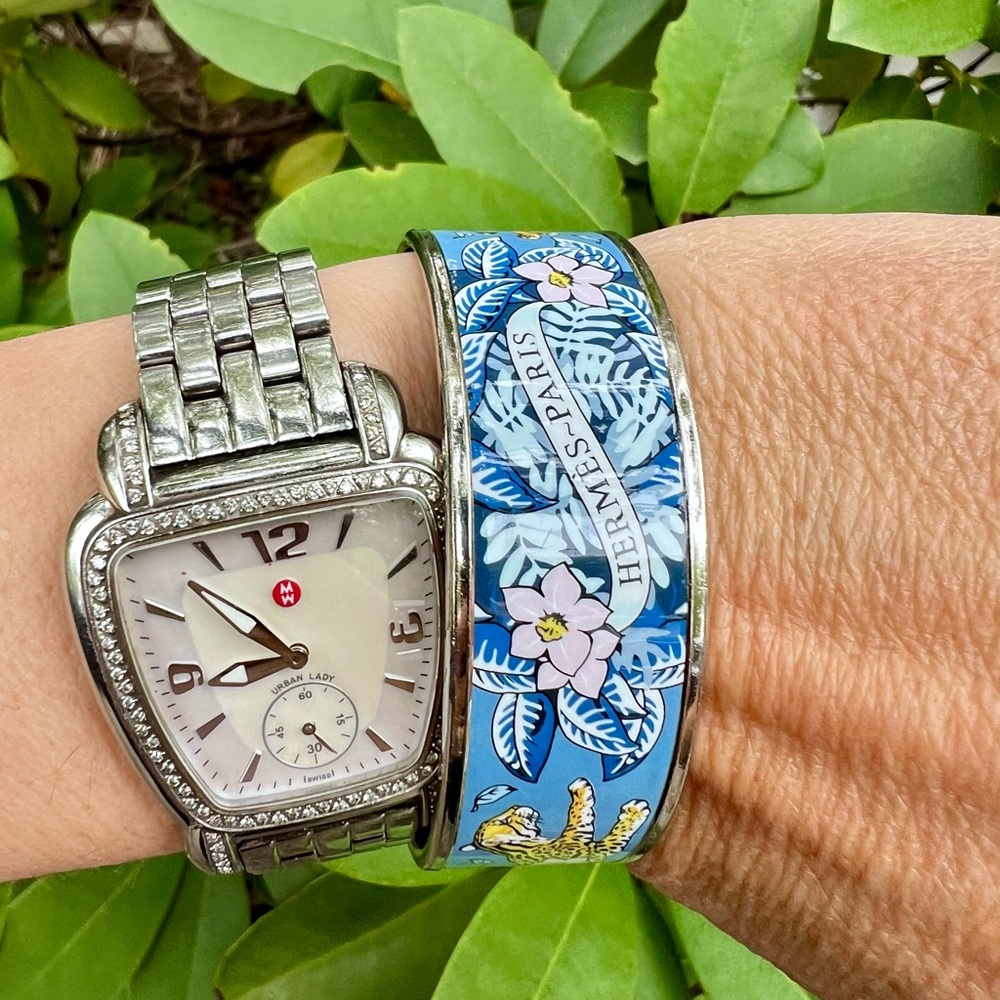 Hermès Blue Floral Bangle with palladium rims